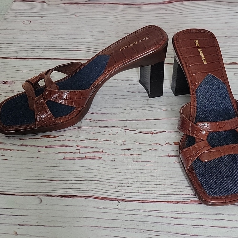 Enzo Angiolini Women’s Brown Leather Croc-Effect Heeled Sandals Size 8 - Picture 4 of 11